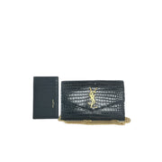 YSL Black Wallet On Chain Embossed Crocodile Bag